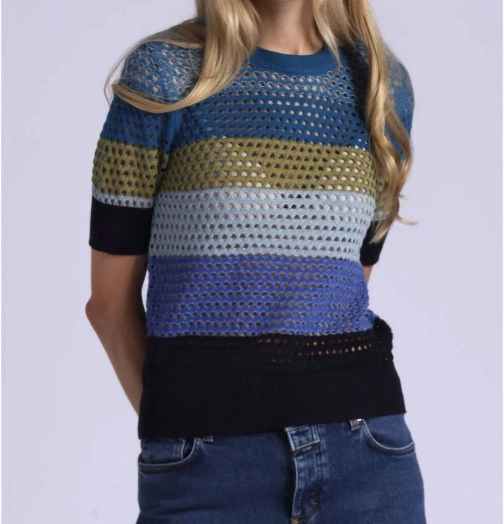NEW MINNIE ROSE plaited mesh stripe short sleeve crew top in cool combo